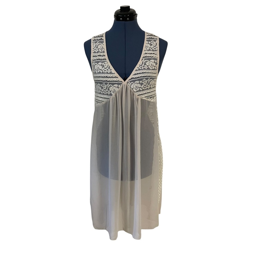 A'reve Womens Lace Chiffon Sleeveless Sheer Mini Dress Cream Coverup Coquette S
